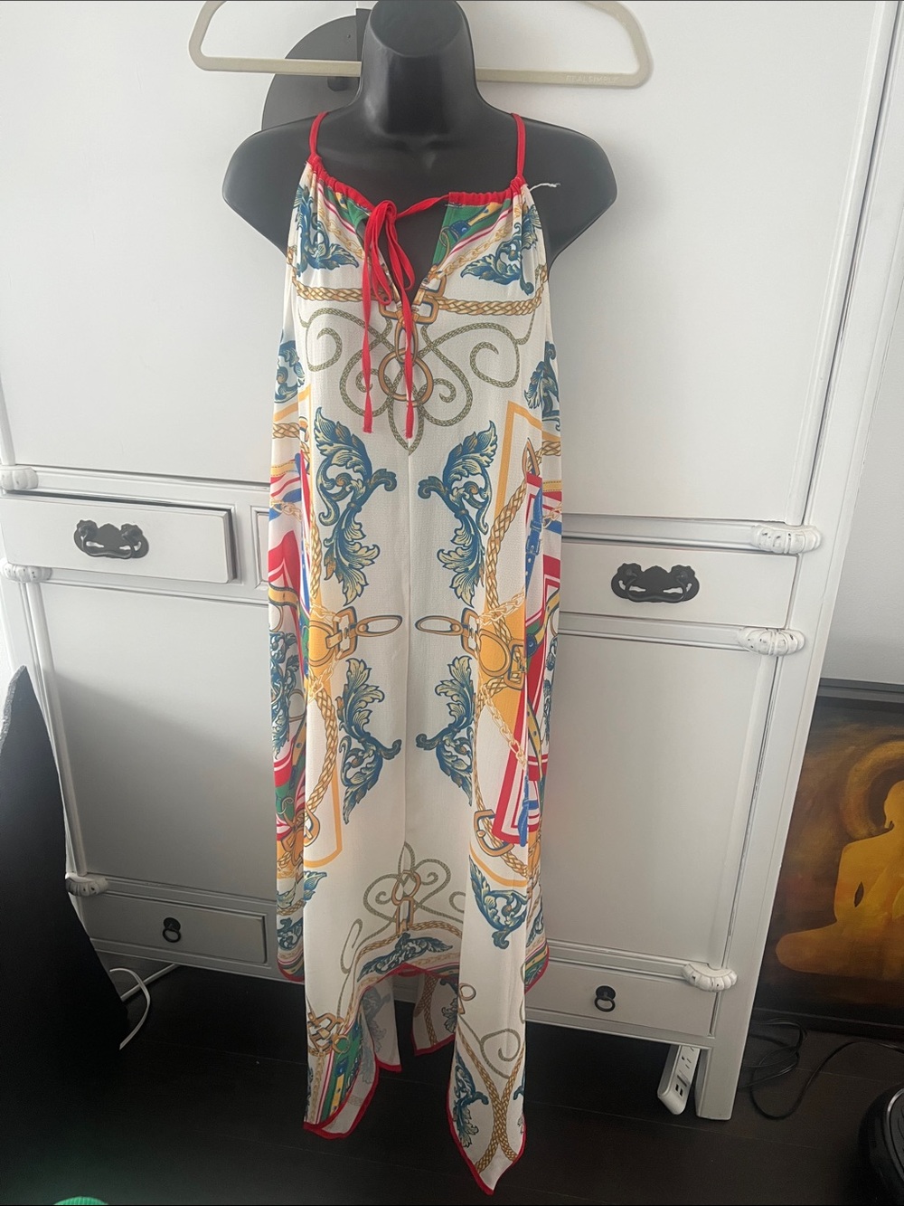 (nwt) Printed Ivory Maxi Slip Dress with Red Trim